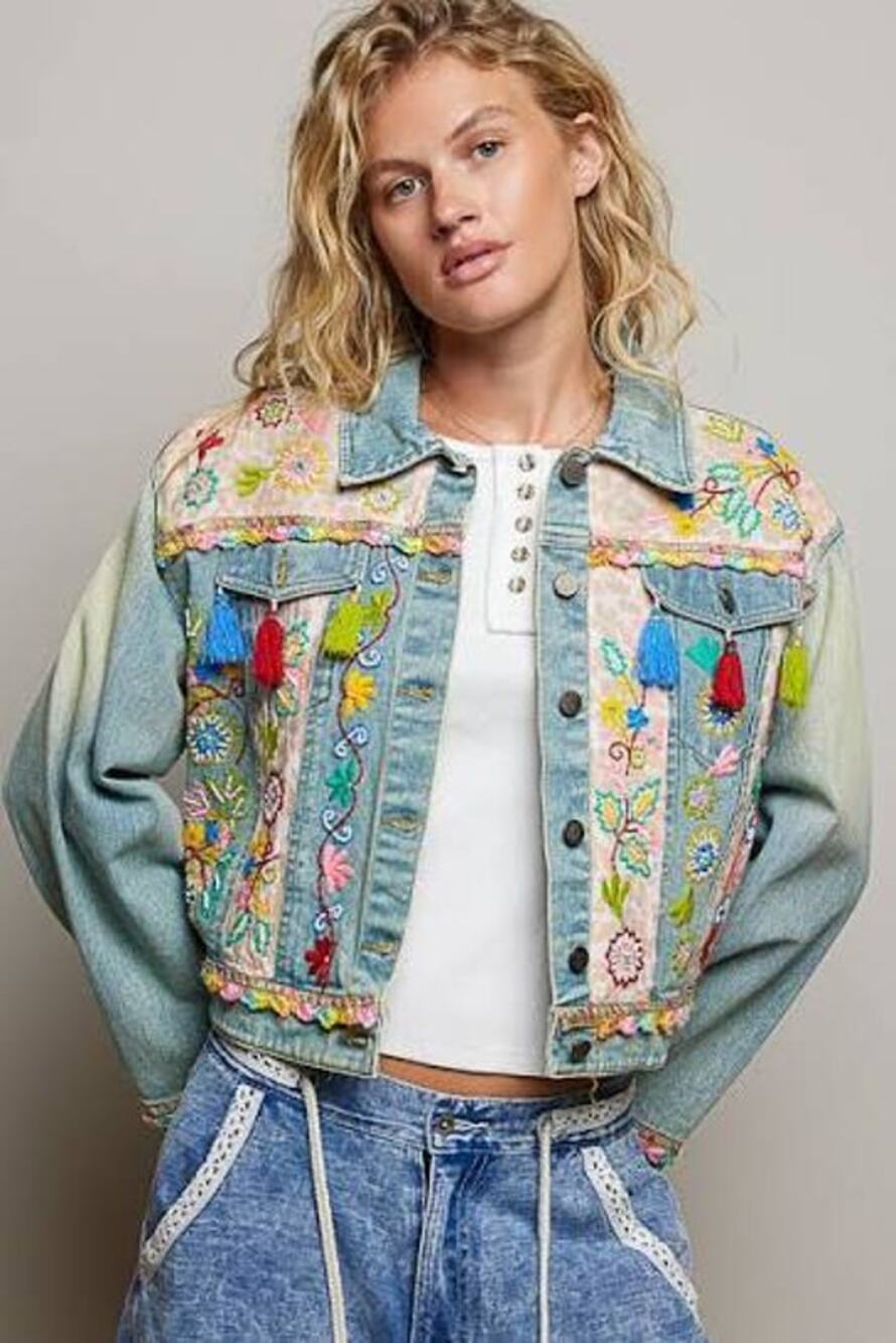 POL Denim Hand Embroidered Jacket Boho Artist size small New NWT